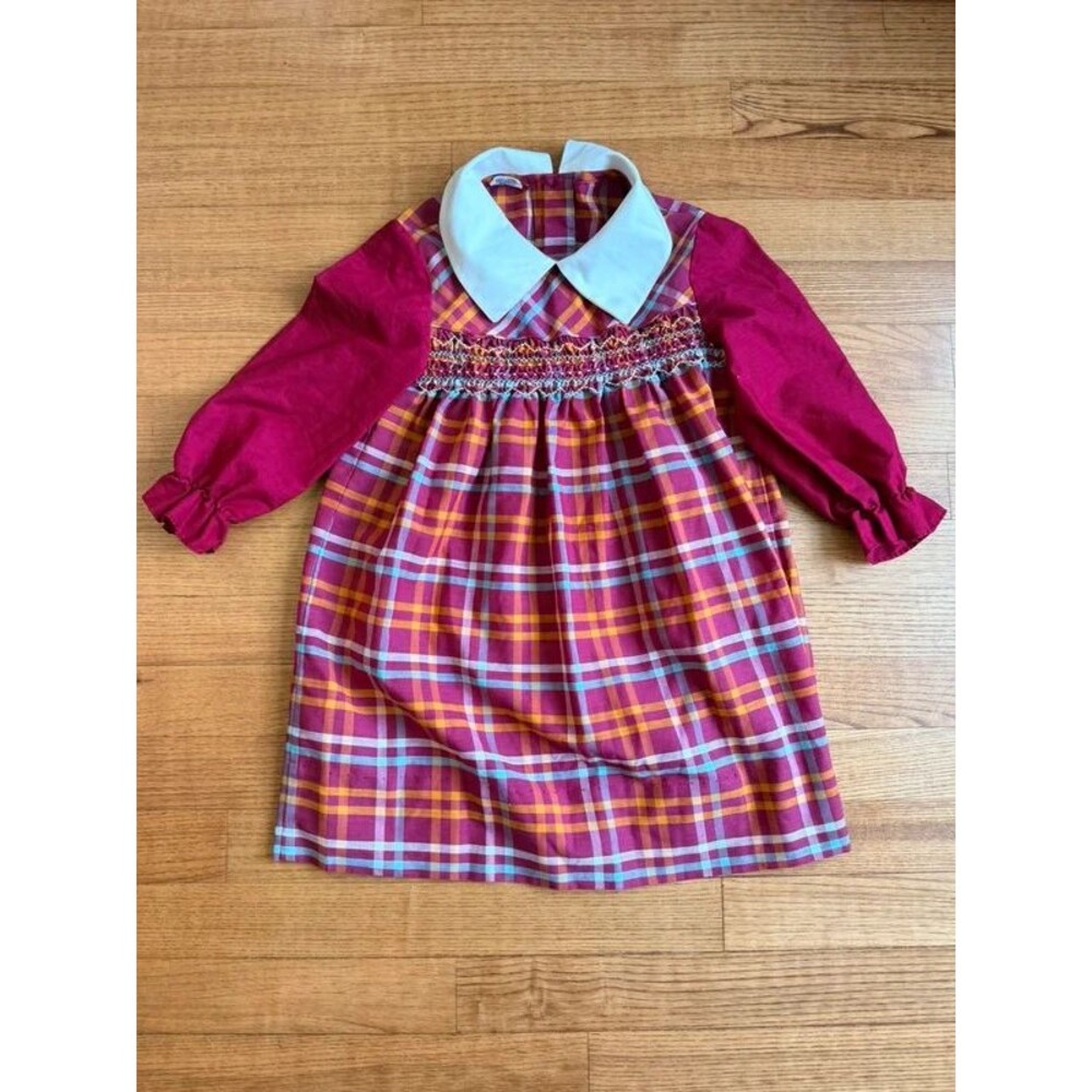 VTG 80s Polly Flinders Hand Smocked Plaid Dress Size 6X Peter Pan Collar Fall